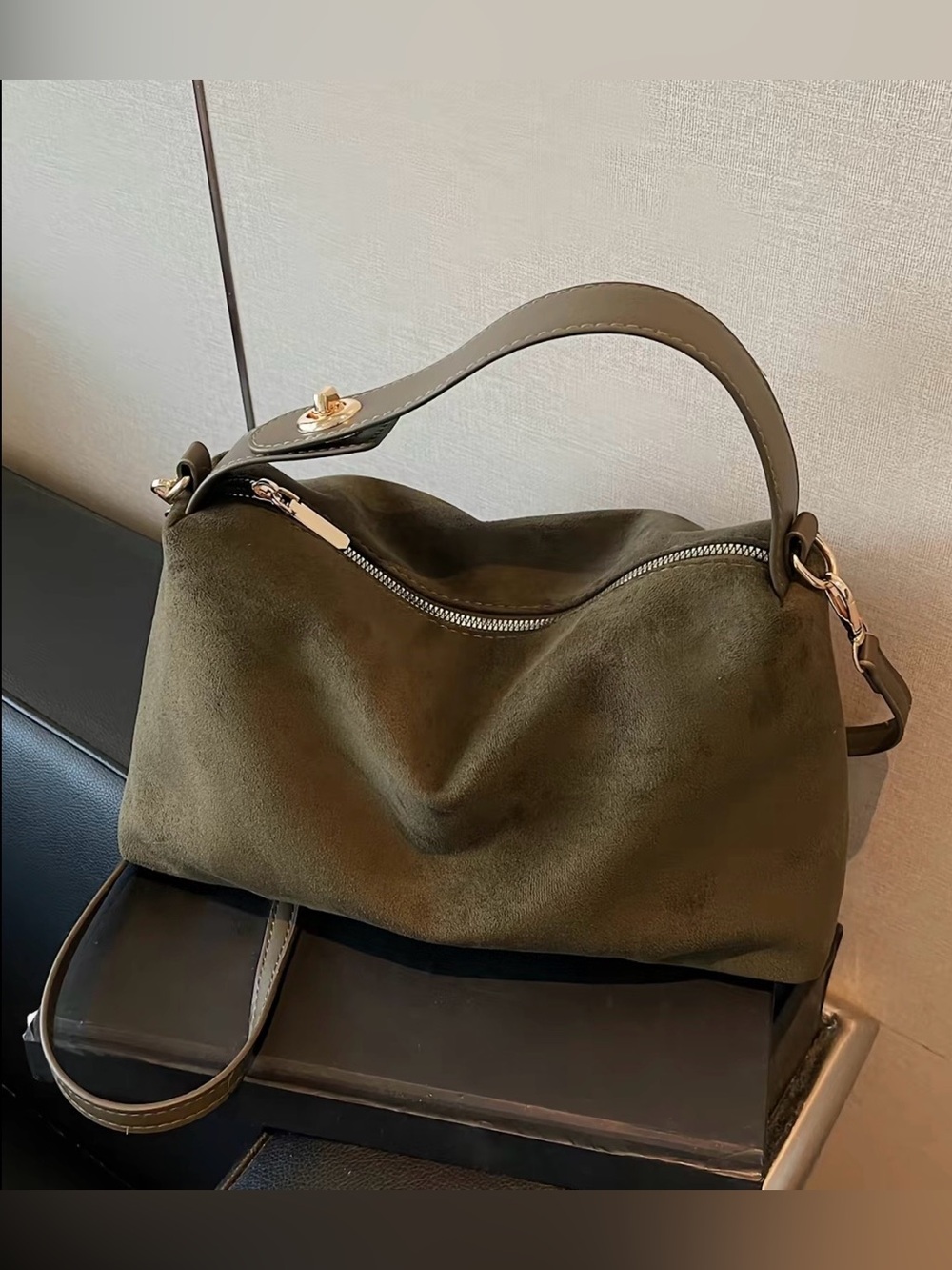 Olive Green Suede Top Handle, Crossbody and Shoulder Bag